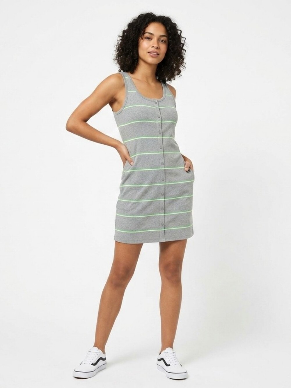 Vans Gray Tank Button-Front Stripe Dress with Neon Green Lines - Size XL